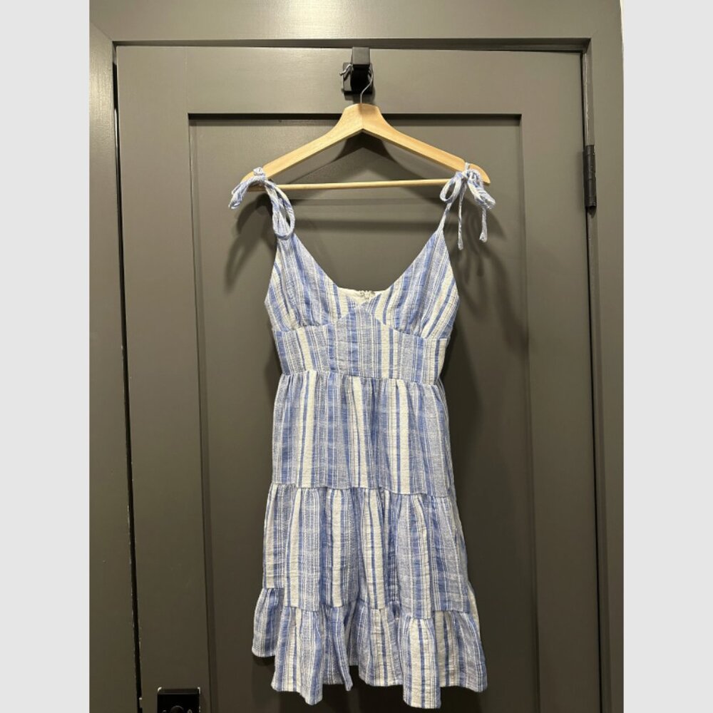 Lulus Blue & White Striped Tie-Strap Tiered Mini Dress Size S